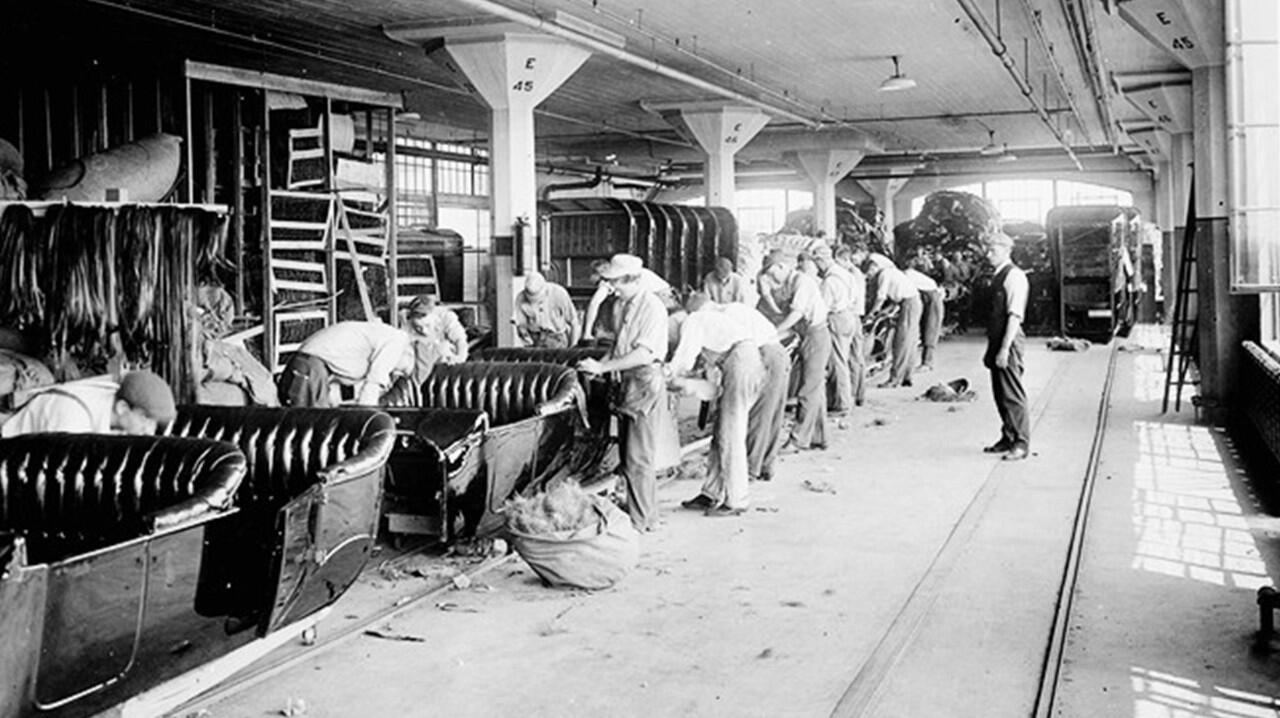 The body upholstery line at Ford's Highland Park Factory, 1914. (Courtesy of Ford Motor Company)